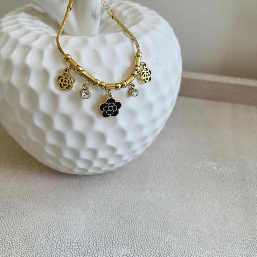 Gold Tone Floral Charm Bracelet with Blue Flower Pendant & Dangle Charms